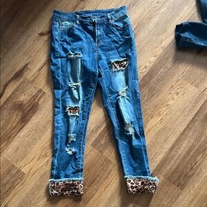 Blue Distressed Jeans with Leopard Cuff